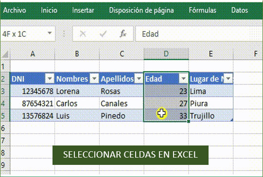 Seleccionar celdas en Excel