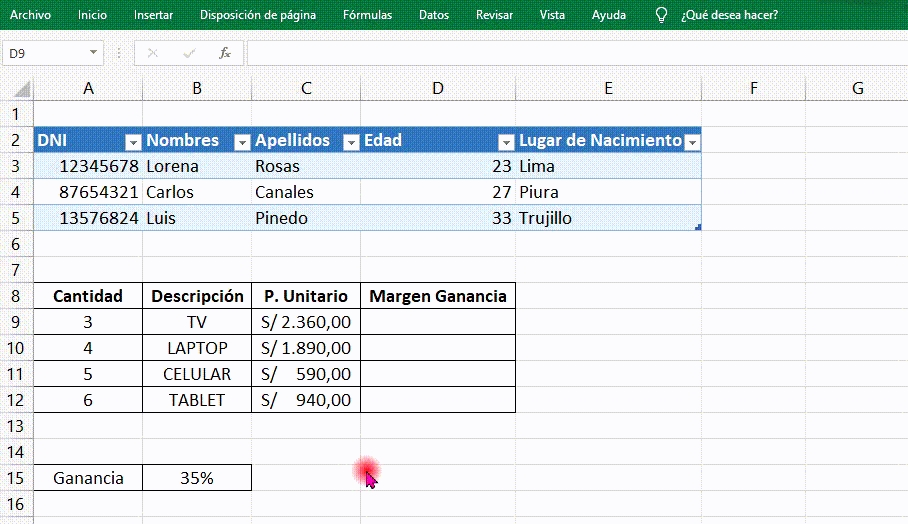 Asignar nombres en Excel