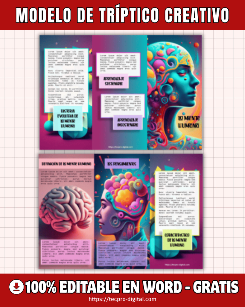 Modelo de tríptico colorido y creativo para editar en Word