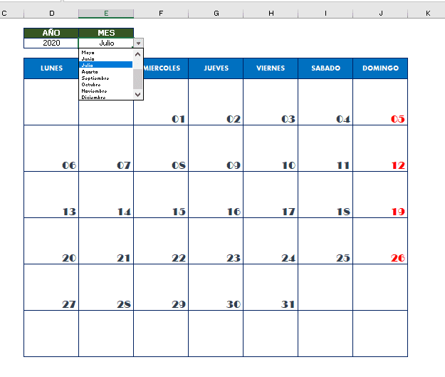 Calendario perpetuo en excel mensual