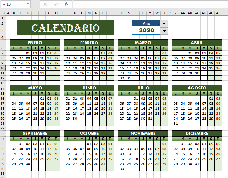 Calendario perpetuo en excel anual
