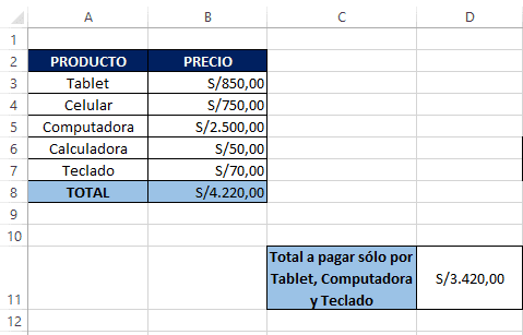 Función SUMA en excel