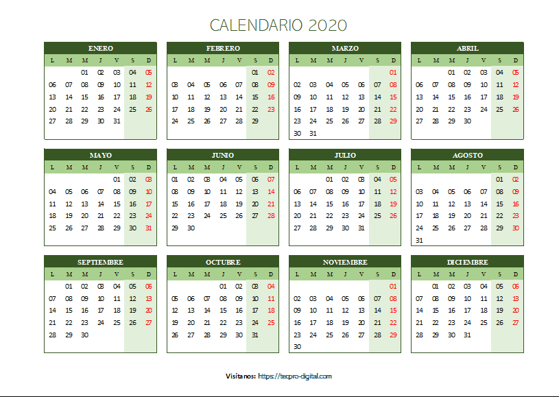 Plantilla calendario anual excel