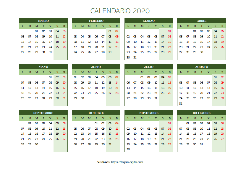 Plantilla Calendario Anual Excel Tecpro Digital