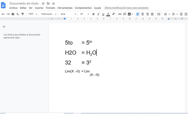 Subíndice y Superíndice en Google Docs