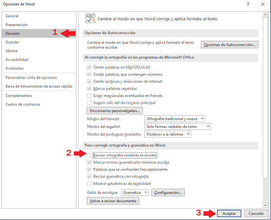 desactivar corrector ortográfico en Word