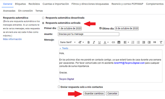 Configurar respuesta automática en Gmail