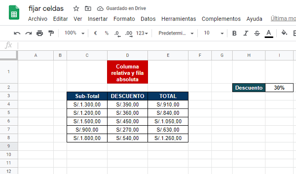 Fijar celdas en Google Sheets y en Excel