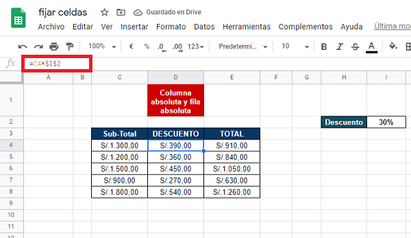 Fijar celdas en Google Sheets y en Excel