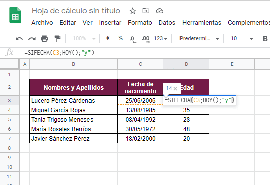 calcular edad google sheets