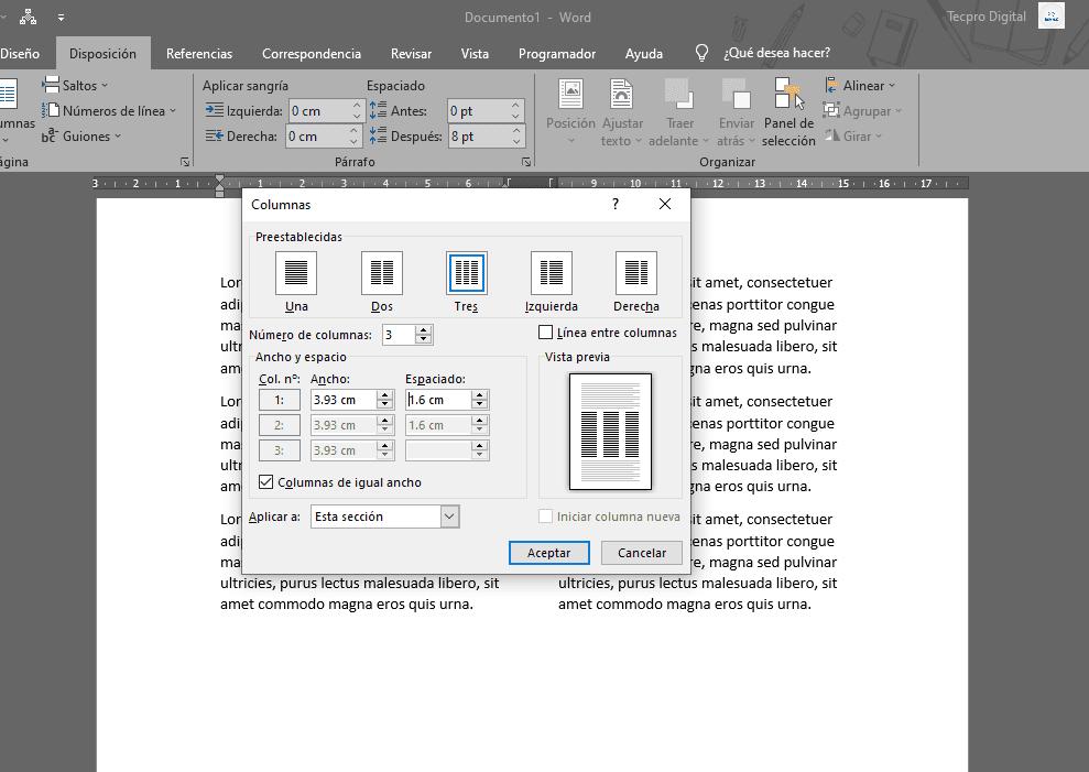 cómo poner o hacer columnas en Word