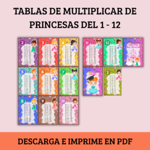 Tablas de multiplicar de princesas para imprimir y aprender