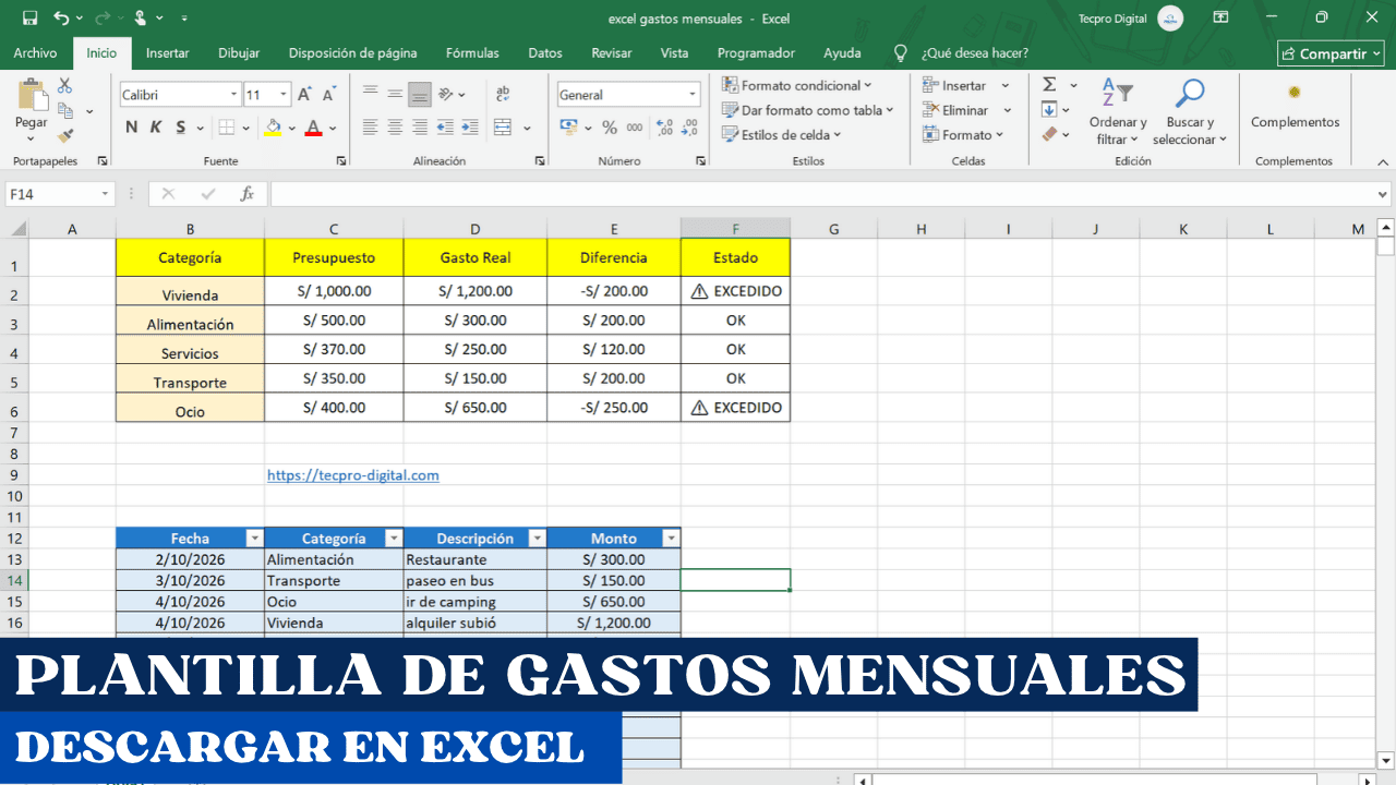 excel gastos mensuales - plantilla para descargar